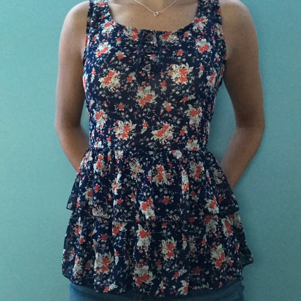 navy floral ruffle blouse